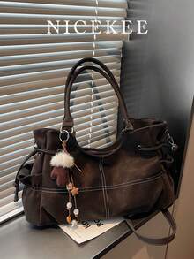 Fun Pendant Accessory Multi-Pocket Tote Bag, Crossbody Handbag With Relaxed Casual Style For Women, Daily Streetwear, Commuting, Shopping, School, Travel, Shoulder Bag - Coffee - View 2