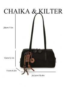CHAIKA & KILTER 1件裝純色麂皮布料女款復古時尚啞光保齡球包，對比色絎縫縫線、雙手柄設計、拉鍊開合，適合日常與外出使用（附吊飾） - 黑色 - 查看 3