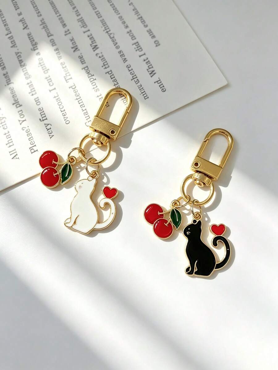 Cute Cat Cherry Keychain Pendant, Exquisite Small Bag Decoration Accessory, USB Drive Anti-Loss Hanging Charm, Bag Zipper Buckle - Multicolor - View 1