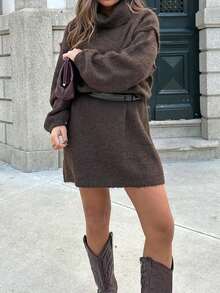 Unadoll Women's Brown High Neck Knitted Sweater, Elegant Basic Style, Suitable For Back To School Season And Daily Wear - Brown - View 9