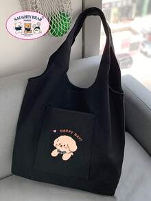 1pc Beige Many Animal Families English Print Women's Canvas Tote Bag Vest Shopping Bag - Black - View 2
