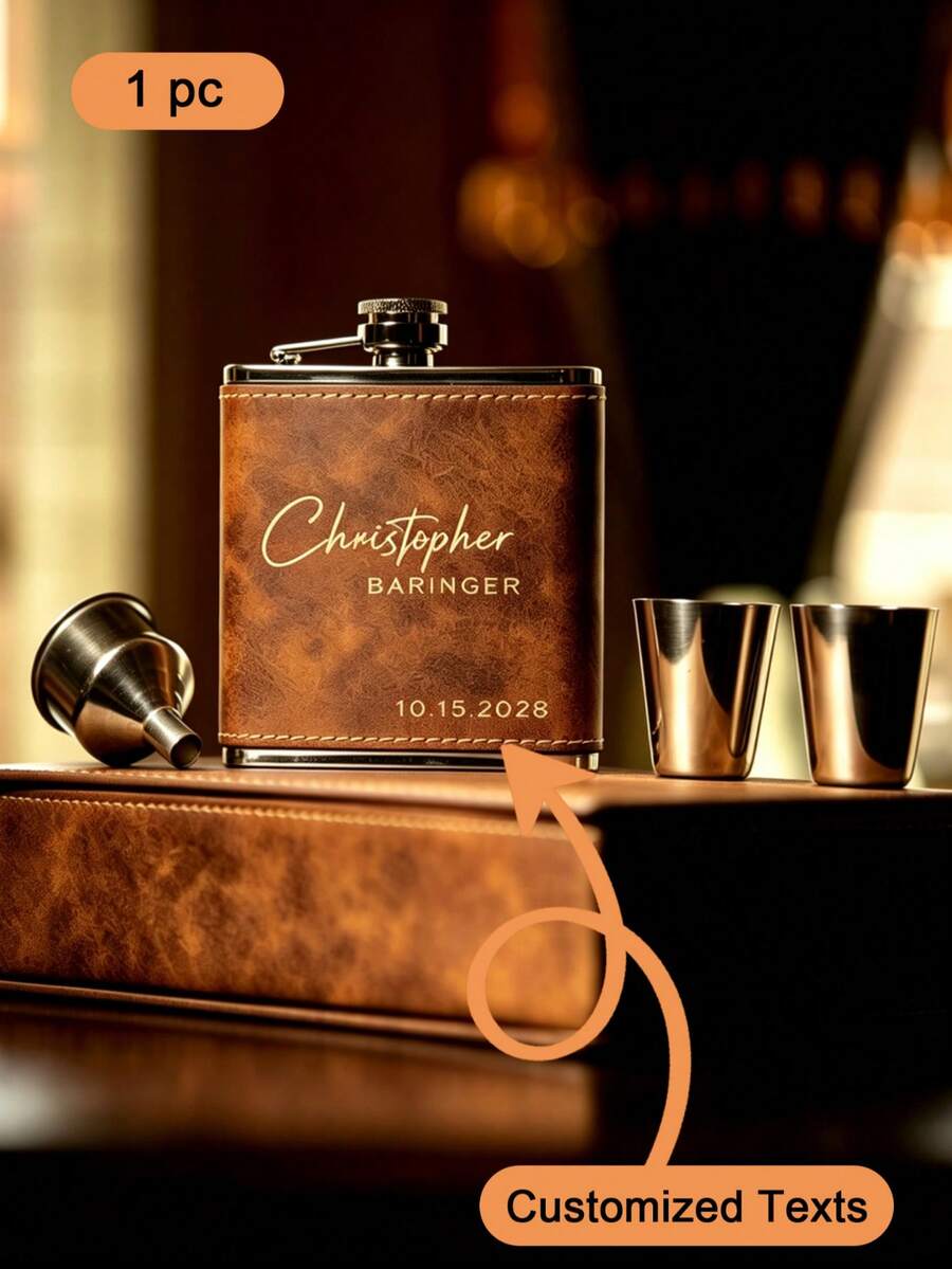 Men's Personalized Engraved Flask, Groomsman Gift Portable Flask, Stainless Steel 6oz Flask, Black Flask Set - Multicolor - View 1