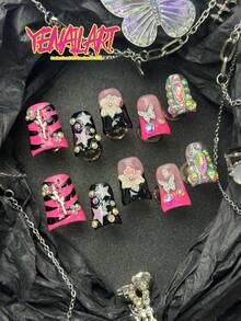 10片手工短款鴨子美甲貼片,黑色法式秋季美甲,手繪斑馬紋、3D花朵、蝴蝶、玫瑰、水鑽裝飾,Y2K奢華風,附果凍膠與美甲锉,適合姐妹聚會、主題派對、角色扮演使用 - 黑色 - 查看 3