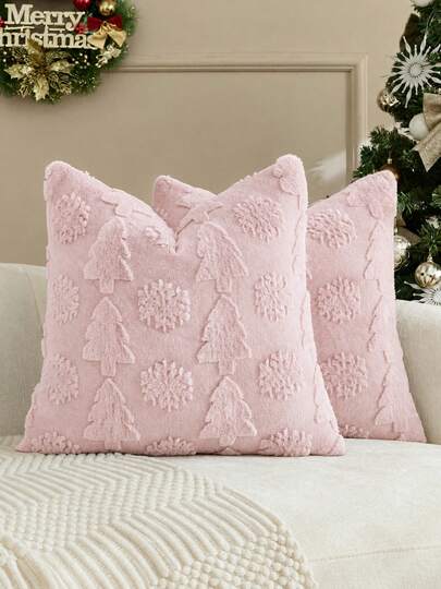1pc Pink Christmas Tree Snowflake Decorative Pillowcase, Back Side Dutch Velvet Fabric, Square Cushion Cover, Holiday Home Pillowcase Decor, Soft Comfortable Velvet Fabric, Modern Decorative Sofa, Home Bedroom