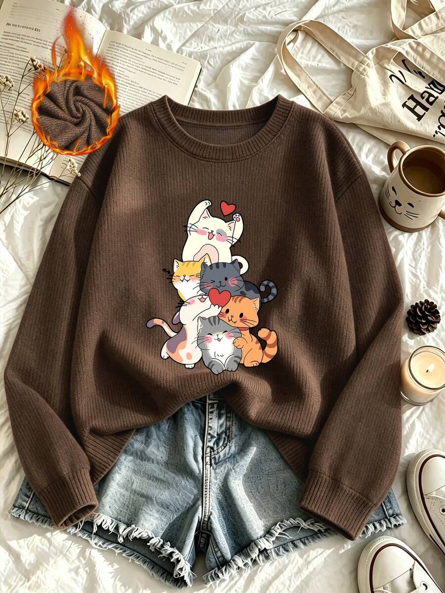 Women's Plus-Size Casual Retro Crew-Neck Knit Pullover Featuring A Cute Cat Graphic Print-A Versatile Top For Everyday Wear In Autumn And Winter. - Brown - View 1