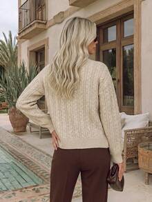 NiceArt Women's Autumn/Winter Vintage Cable Knit Wool Blend Cardigan, Long Sleeve Button Design, Suitable For Daily Wear, Autumn Outfit, Halloween - Khaki - View 2
