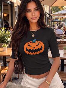Kaos Rajut Lengan Pendek Leher Tinggi Motif Halloween untuk Wanita, Pakaian Wajib Musim Gugur - Hitam - View 4