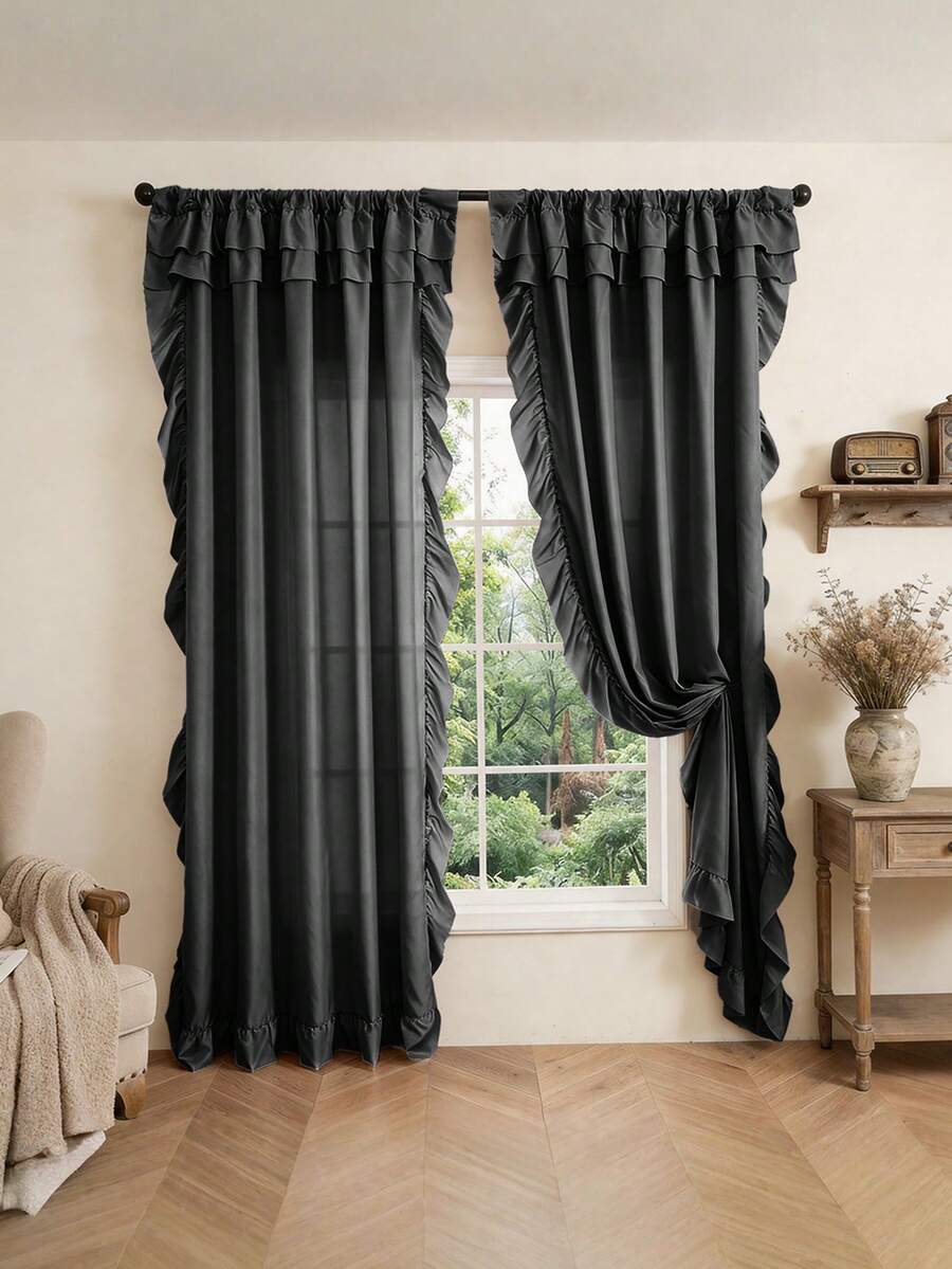 1pc Minimalist Solid Color Lace Trim Curtain, American Style Semi-Sheer Privacy Curtain For Bedroom Window Privacy, Living Room Breathable Curtain, Home Window Decor, Holiday Decor, Living Room Curtain - Black - View 1