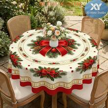 1pc Christmas Theme Round Tablecloth With Santa Claus, Reindeer, Snowman And Holiday Decorations, Perfect For Home Kitchen, Dining Room And Holiday Gatherings, Christmas Celebration Table Decor - A - View 4