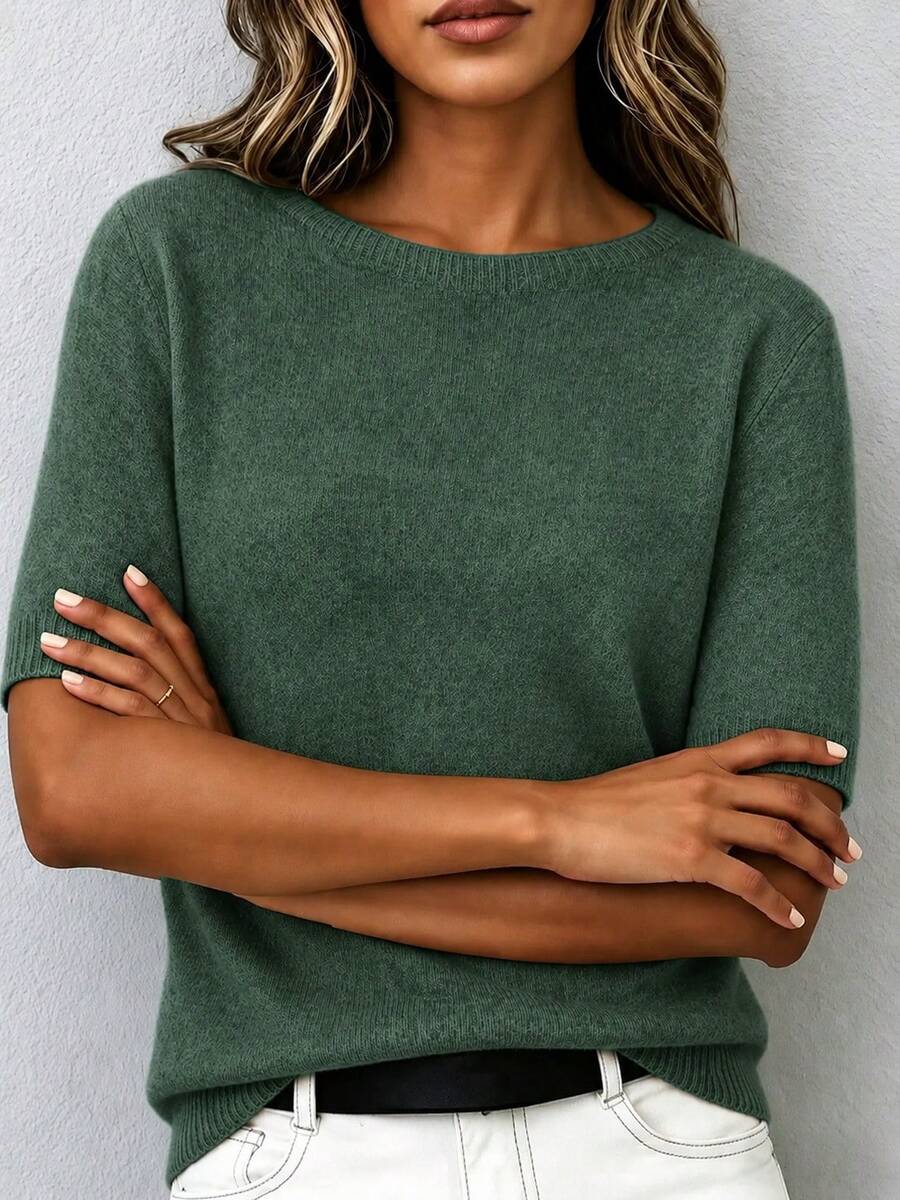Women's Wool Blend Soft Knit Short Sleeve Top, Loose Fit, 15% Wool Content, Basic Round Neck Solid Color Half Sleeve Lightweight Knit Sweater, Quiet Luxury Minimalist Commuter Style, Suitable For Office And Business Wear