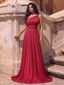Elegant One-Shoulder Chiffon Ruched Waist A-Line Fitted Streamlined Hem Dress, Suitable For Photography, Beach, Formal Evening Events And Weddings - Red - View 6