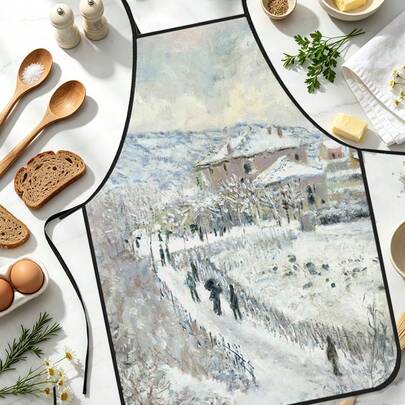 1pc Winter Snow Scene Print Apron, Featuring Winter Town Snow Scene, Pedestrians And Houses Pattern, Durable Cooking Apron Suitable For Bakers, Cake Decorators, BBQ Enthusiasts, Gardeners, Painters, Nail Artists - Perfect Gift For Home And Professional Chefs