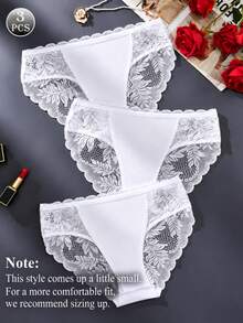 3件套性感女士蕾丝边薄纱三角内裤，蜜月内衣套装，精致高端蕾丝内衣，时尚百搭，年轻女士之选 - 白色 - 查看 2