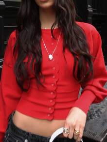 Unadoll Women Fall Winter Red Scallop Button Puff Sleeve Knit Crop Cardigan, Elegant Slim Basic Top For Back To School & Date Night - Red - View 7