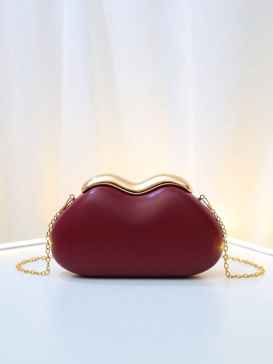 Women's Curved Solid Color Clutch Bag, Luxury Wavy Edge Hard Shell Evening Bag, Elegant Formal Handbag, Suitable For Special Occasions - Burgundy - View 1