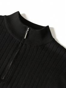 Men's Spring/Autumn Fashion Minimalist Striped Slim Fit Regular Shoulder Zip Collar Long Sleeve Knit Polo Shirt T-Shirt - Black - View 8