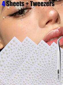 1/4/7 Sheets 3D Pearl Facial Gem Stickers, Self-Adhesive Face & Body Rhinestone Pearl Sticker Hair Decoration DIY Decoration Accessories Diamond Decoration, For Rave Accessories, Valentine's Day Gift,Concert Look,Face Gems - White - View 7