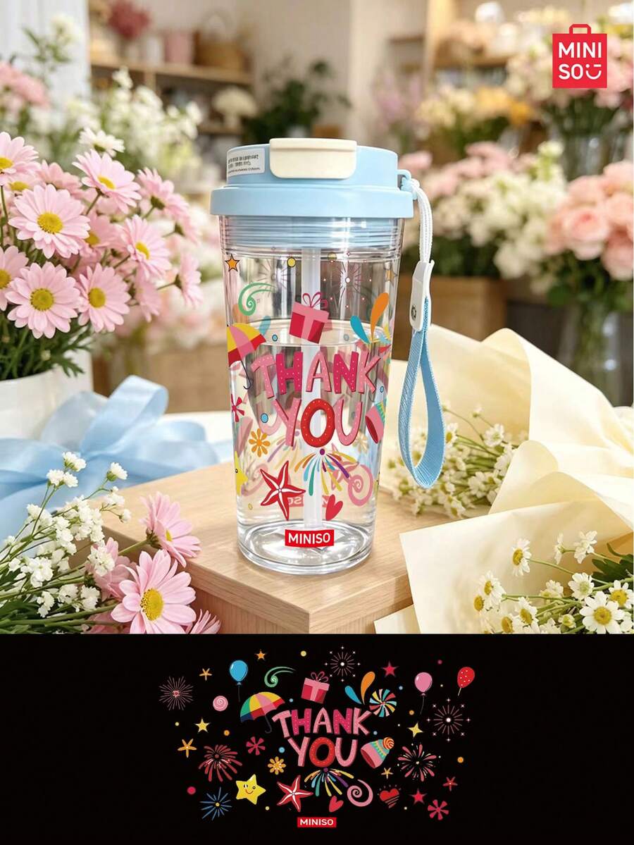 MINISO Transparent Water Cup, Cute Colorful Letter Pattern Coffee Cup, Fresh And Clean, 550ML Transparent Water Cup, Straw, Travel Easy To Carry; Valentine's Day Gift. - Baby Blue - View 1