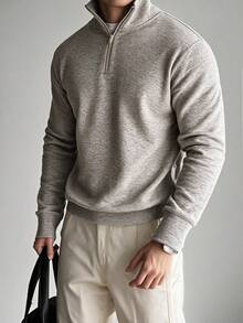 Men's Half-Zip Mock Neck Long Sleeve Knit Sweater, Casual Commute Half-Open Front Pullover - Khaki - View 9