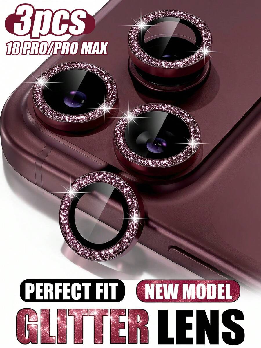 3入組 - 相容 iPhone 18 Pro/ 18 Pro Max 9H 鋼化玻璃超清晰亮面相機鏡頭保護貼，金屬單環裝飾配件，酒紅亮粉
