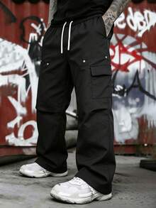 Men's Elastic Drawstring Waist Cargo Pants, Multi-Pocket Rivet Decor Wide Leg Straight Leg Streetwear Casual Long Pants - Black - View 1