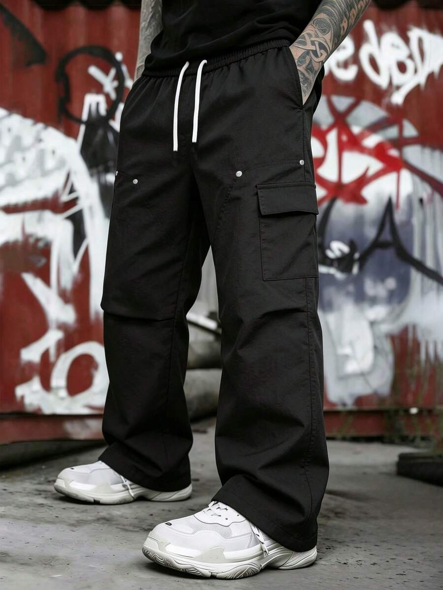 Men's Elastic Drawstring Waist Cargo Pants, Multi-Pocket Rivet Decor Wide Leg Straight Leg Streetwear Casual Long Pants - Black - View 1