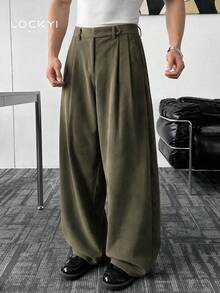 1pc Men's Casual Corduroy Straight Leg Pants, Front Pleats, Side Buckle, Vintage Autumn/Winter Style - Green - View 1