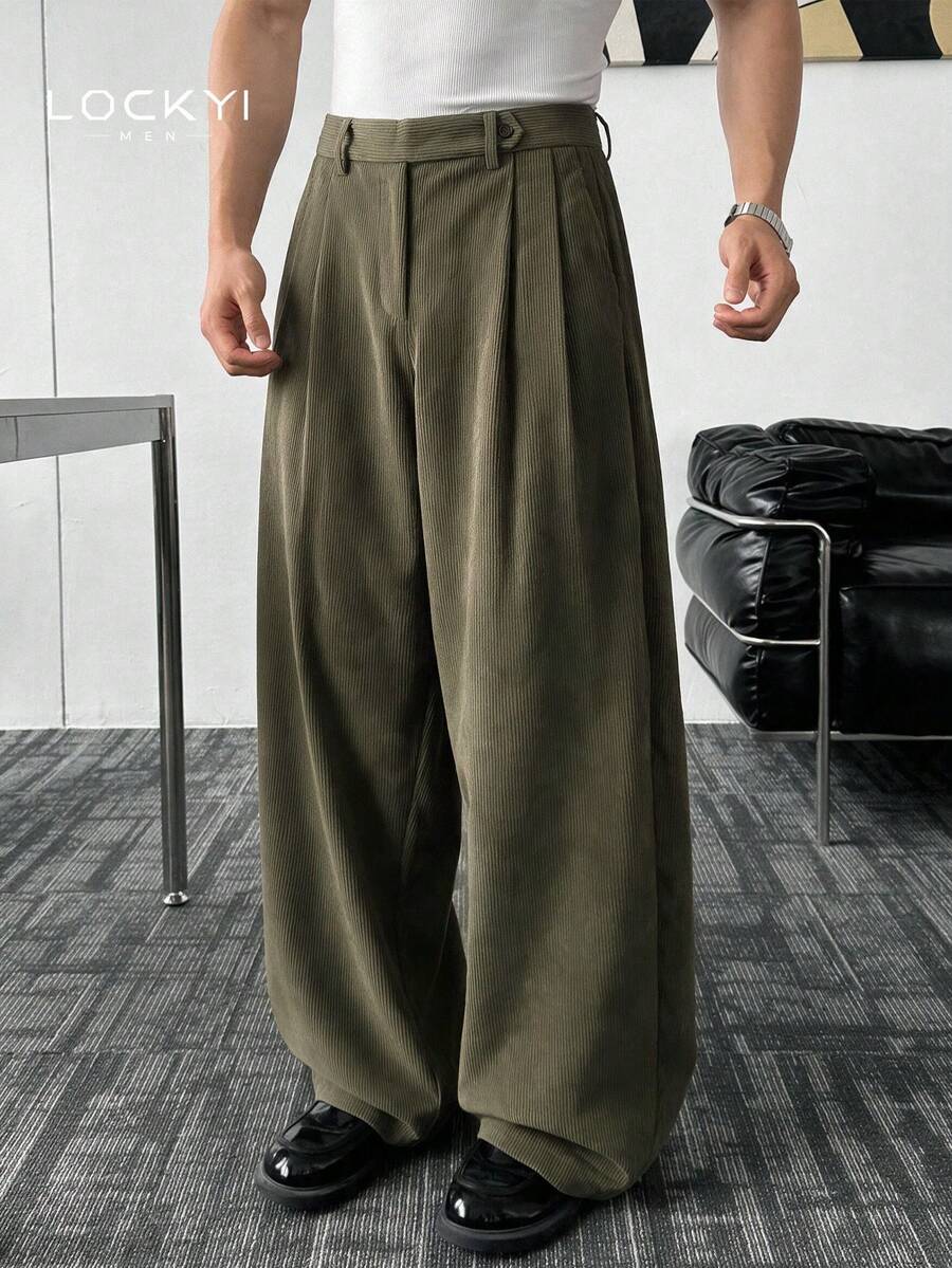 1pc Men's Casual Corduroy Straight Leg Pants, Front Pleats, Side Buckle, Vintage Autumn/Winter Style - Green - View 1
