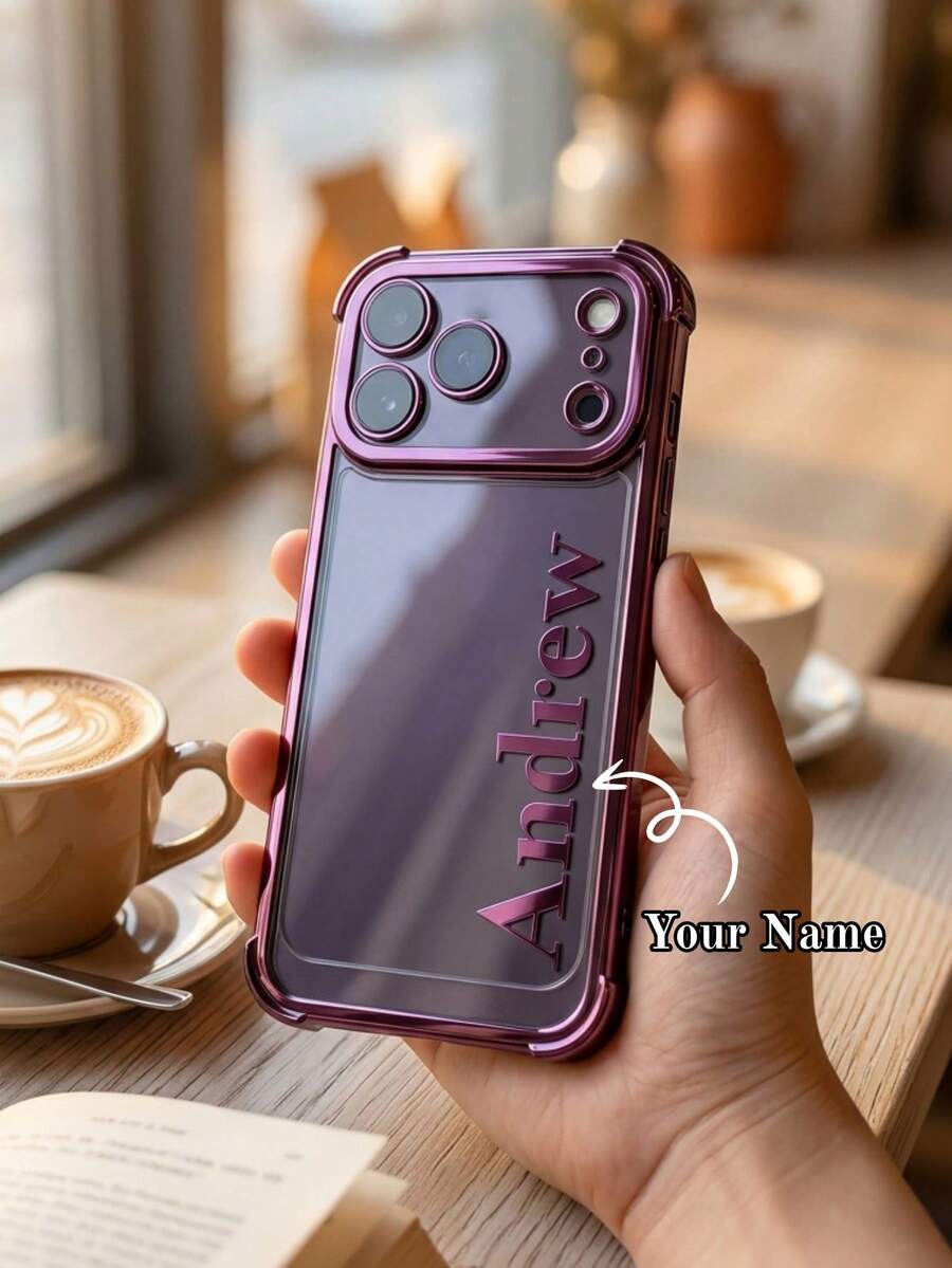 客製化姓名電鍍四角防震手機殼，適用於 iPhone 17 18 Pro Max，雷射印製個性化姓名保護手機殼，防摔防刮全包手機殼，適合男女性日常旅行工作派對使用的客製化禮物