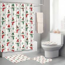1pc/4pcs Cartoon Scarf Snowman Pattern Multifunctional Bathroom Decor Shower Curtain Set, Free 12 Hooks, Premium Holiday Atmosphere, Bathroom Mat, U-Shaped Rug And Round Toilet Lid Cover, Suitable For All Occasions, Bathroom Set - Cartoon Snowman Scarf - View 9