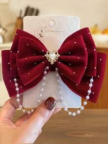1pc Girls Fashionable Crystal And Pearl Embellished Bow Decorated Hair Clip, No Card Packaging - Burgundy - View 2