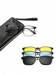 Unisex 3-In-1 Magnetic Clip On Square Eyewear Set With 3 Replaceable Lens & Storage Pouch,Suitable For Driving Daily Wear - Grey - View 11