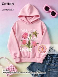 Kids Cotton Hoodie, Tulip Butterfly Letter Graphic Drawstring Pullover Sweatshirt For Girls Casual Daily Wear - Pink - View 1