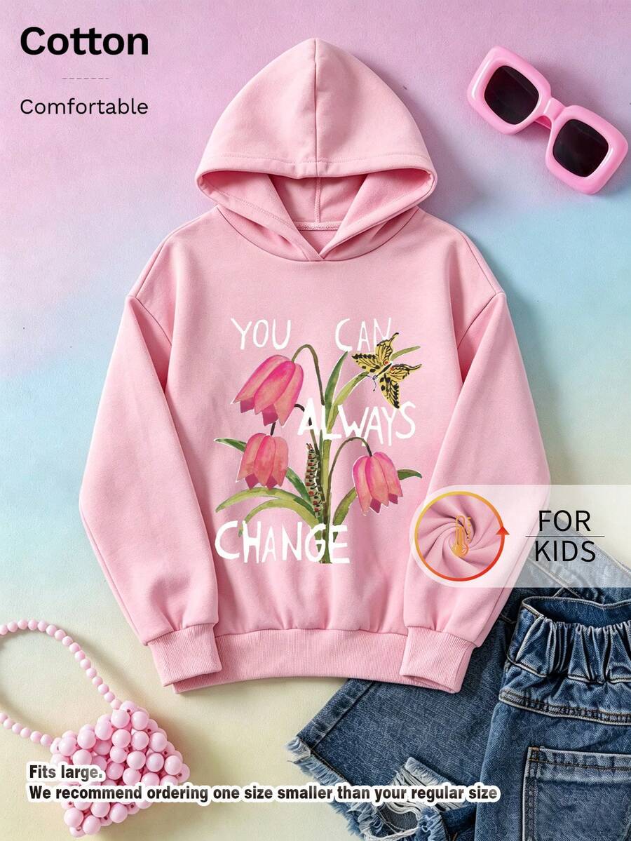 Kids Cotton Hoodie, Tulip Butterfly Letter Graphic Drawstring Pullover Sweatshirt For Girls Casual Daily Wear - Pink - View 1