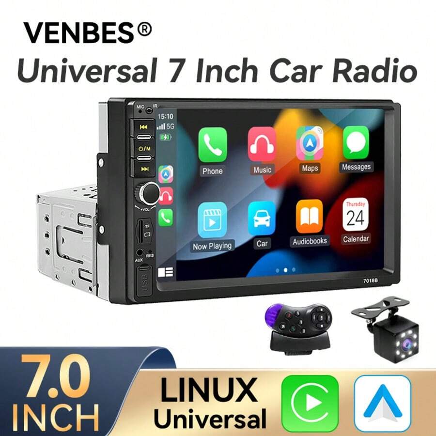 VENBES 7-Inch Single DIN Car Radio, Supports Apple CarPlay, High-Definition Touchscreen Bluetooth Mirroring Car Stereo, AM/FM, USB, EQ, SWC, Optional 8-LED Reverse Camera