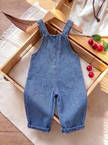 Baby Girls Denim Overalls Long Pants, Sweet Cherry Embroidery, Vintage Casual Daily Wear, Soft Denim Fabric, Loose Straight Leg, Spring & Autumn - Blue - View 6