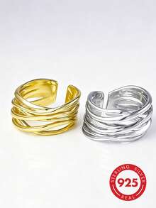 1pc Minimalist Premium S925 Sterling Silver Multi-Layer Cross-Wrapped Wide Open Ring, Adjustable Hollow Smooth Finger Ring For Women - Gold - View 5