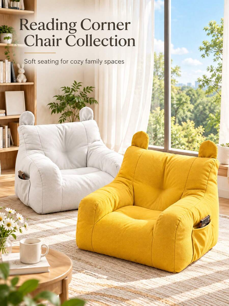 Cute Bear Ear Sofa Chair, Playful & Unique Design, Wide Seat With Armrests, Side Storage Space For Small Items, Textured Fabric With Neat Stitching, Suitable For Home Reading Corner, Living Room, Bedroom, Decorative & Leisure Use - Multicolor - View 1
