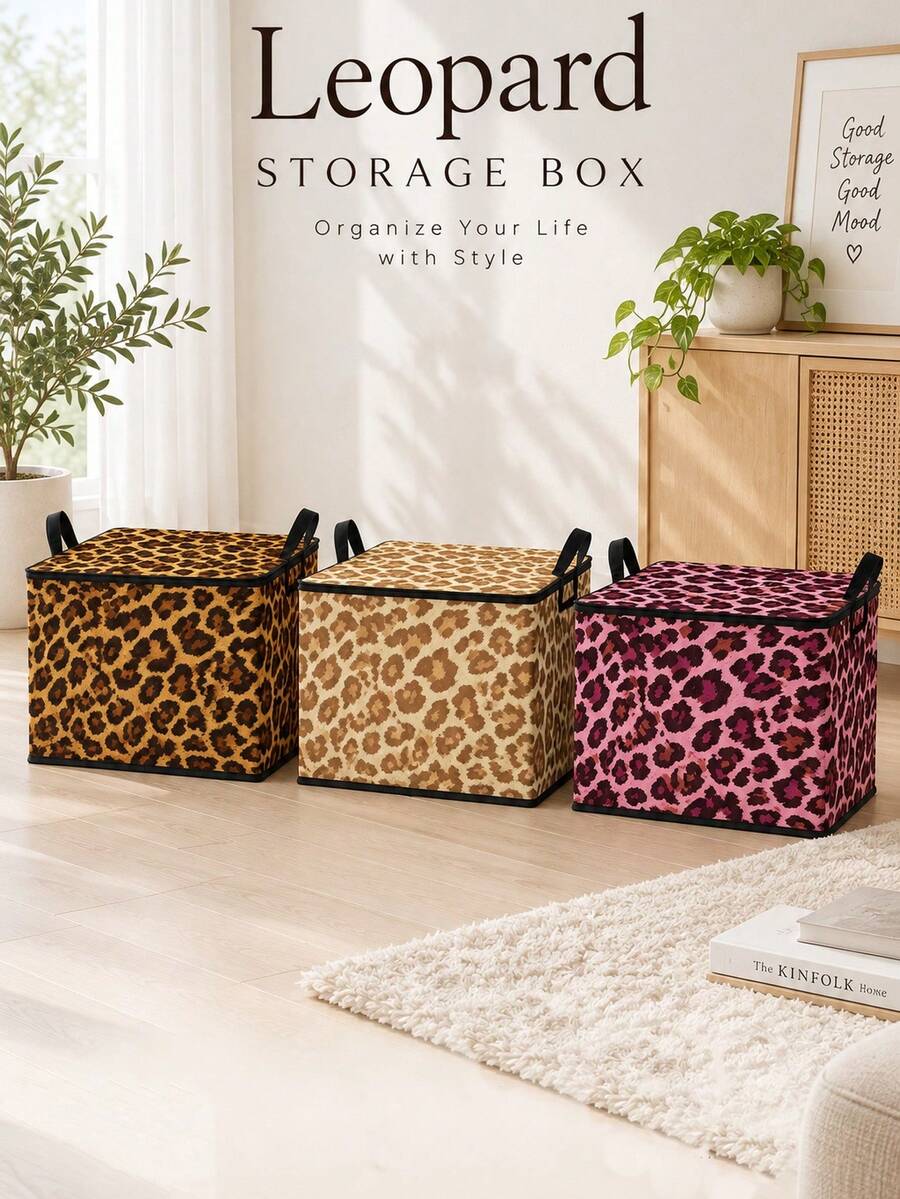 Caja de almacenamiento plegable con estampado de leopardo, gran capacidad, organizador de libros y suministros de oficina, almacenamiento debajo de la cama, adecuado para apartamentos de alquiler, dormitorios, trabajo y escuela. Regalo perfecto para Navidad, Acción de Gracias y cumpleaños, recuerdo de vacaciones - Multicolor - Ver 1