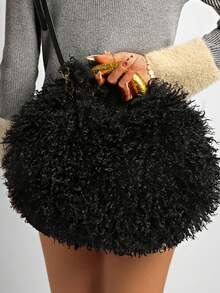 Women's Top Handle Handbag,Solid Color,Curly Faux Fur, Golden Metal Ring & Detachable Strap,Crossbody & Handheld,Luxury Fluffy Style,Party Daily Use - Black - View 4