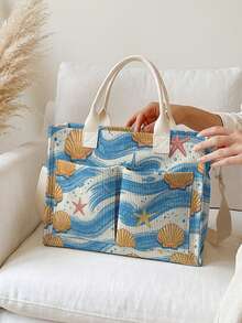 1pc Starfish And Seashells Print Corduroy Multi-Pocket Large Capacity Storage, Snap Button Closure, Shoulder Tote Bag For Student Daily Commute School - Multicolor - View 5