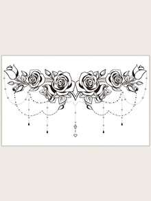 1pc Black Aesthetic Exquisite Symmetrical Rose Chain Pattern Temporary Tattoo Sticker, Waterproof DIY Party Gift, Holiday Gift, Music Festival Tattoo Sticker For Shoulder, Neck, Collarbone, Back - Black - View 9