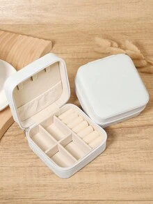 Contemporary Mini Jewelry Box, Zipper Travel Organizer For Necklaces, Earrings, Rings, Bracelets, Compact & Secure - White - View 7