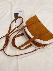 1pc Maillard Vintage Style Lamb Wool Patchwork Handbag, Adjustable Shoulder Strap Crossbody Small Bag, Lightweight Shoulder Bag. Suitable For Girls/Children/Students, Perfect For Autumn Outings, Shopping, Daily Commute. - Multicolor - View 11