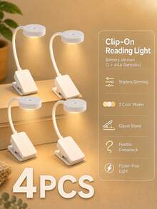 4pcs 4-LED Black/White Clip-On Book Light, Eye-Protection Reading Light, 3 Color Temperatures, Dimmable, Mini Portable Clip-On Reading Light (Battery Not Included) - Multi-color - View 3