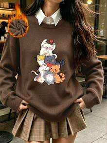 Women's Plus-Size Casual Retro Crew-Neck Knit Pullover Featuring A Cute Cat Graphic Print-A Versatile Top For Everyday Wear In Autumn And Winter. - Brown - View 6