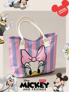 Miniso 迪士尼 Daisy Duck 帆布托特包，粉色與紫色垂直條紋印花，附手柄肩背包，適合日常使用 - 白色 - 查看 2