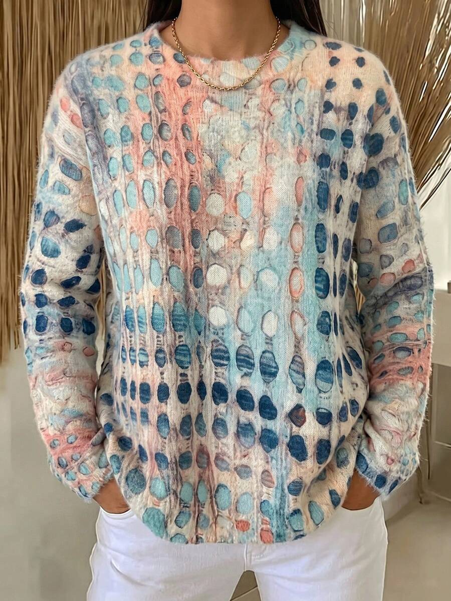 Sweater Wanita Bermotif, Potongan Kasual Dasar, Dihiasi dengan Motif Kerang Abstrak Berwarna-warni, Pakaian Musim Gugur, Pakaian Santai untuk Beraktivitas di Luar Rumah.