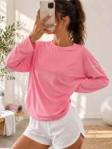 AODSR Women's Pink Long Sleeve Crew Neck Athletic Top With Perforated Side Detail For Running Training Yoga And Fitness - Hot Pink - View 8