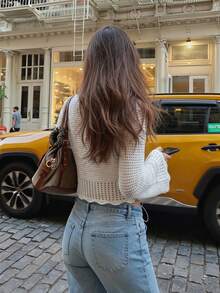 Áo cardigan len dệt kim ngắn nữ VIBEWAVE thiết kế rỗng, phong cách Mỹ xuân/hè, tay loe, cài nút đơn - trắng - Xem 6